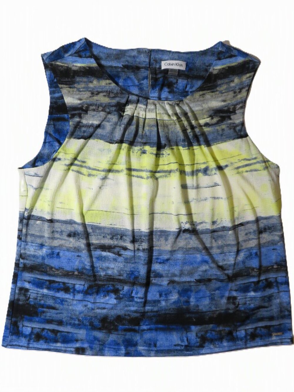 NWT Calvin Klein 2X Plus Abstract Watercolor Blouse Blue Yellow Pleated Tank Top